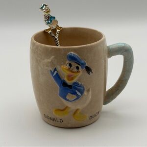 Vintage Walt‎ Disney Productions Donald Duck Ceramic Mug & Enamel Spoon Set